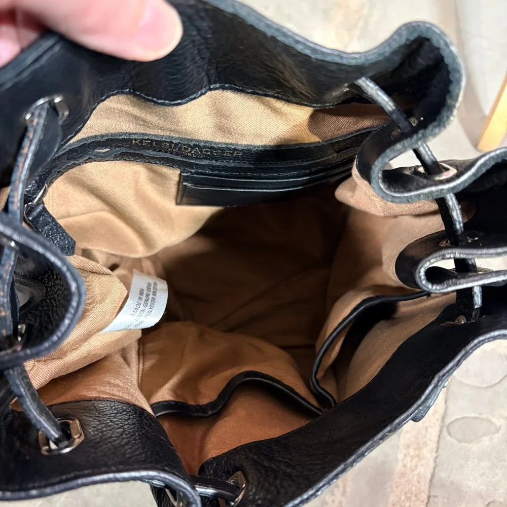 Kelsi Dagger Brooklyn Black‎ Leather Drawstring Backpack Bag Woven Detail